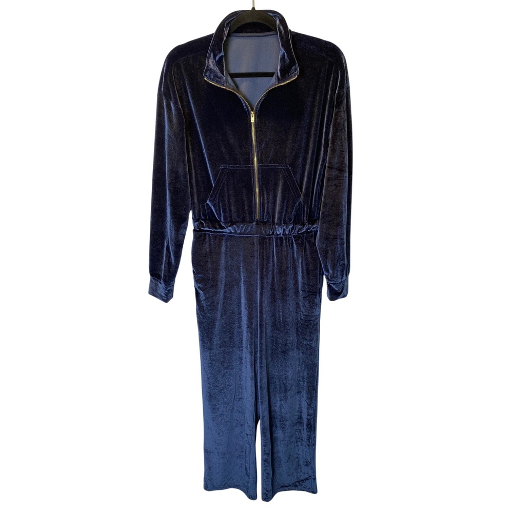 Fabletics Velour Jumpsuit Women Medium Navy Blue Half Zip Wide Leg Loungewear